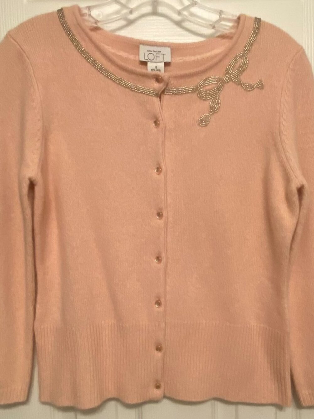 NWT LOFT Pink Beaded Bow Embellished Cardigan Sweater Wool Cashmere Blend Small
